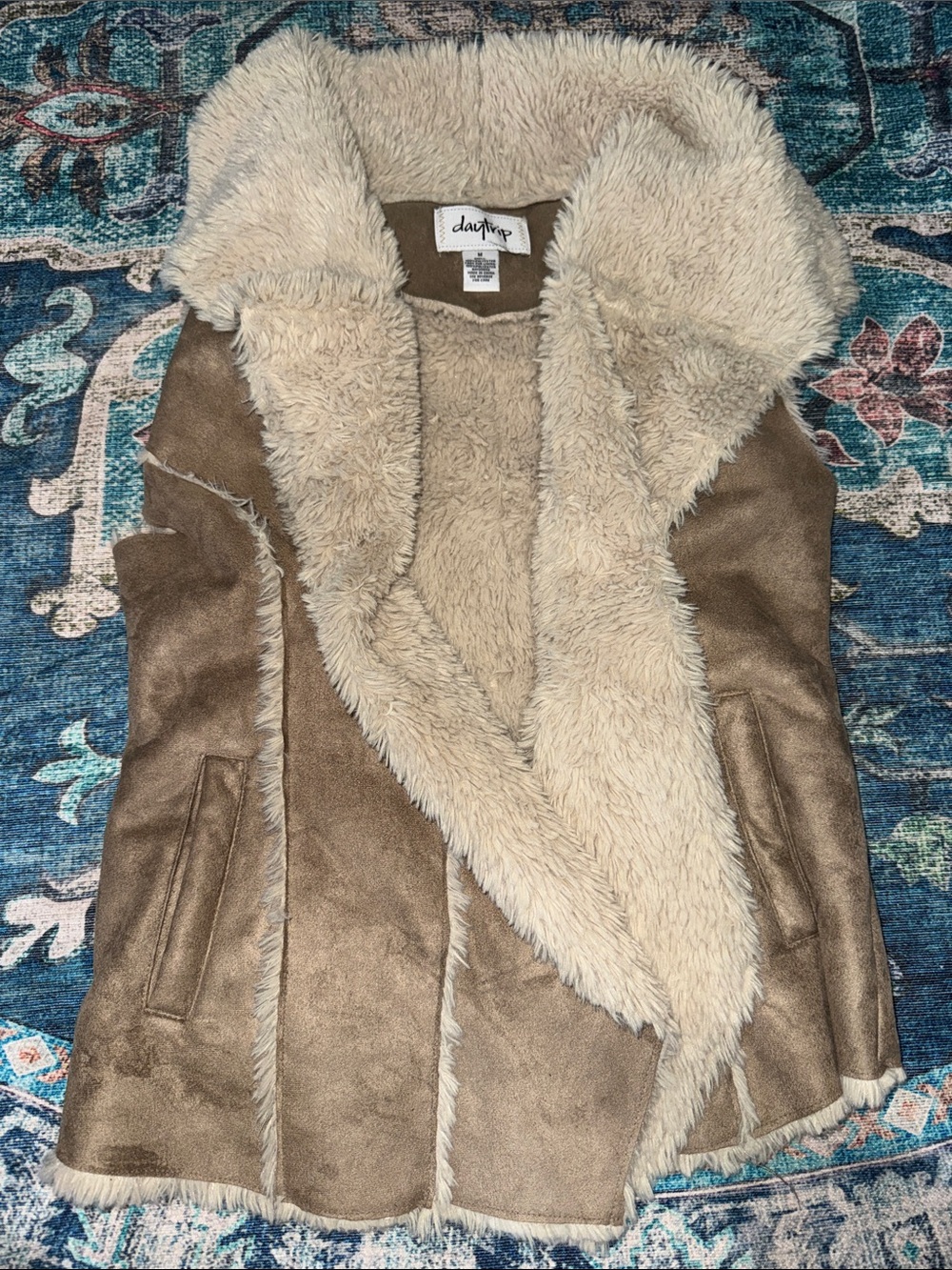 Daytrip Taupe Faux Suede Vest with Cream Faux Shearling Trim